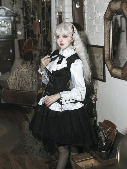 Gothic Ensemble: White & Black Lolita Shirt, Cross Charm Waistcoat, Spider Web Skirt - Unknown Star