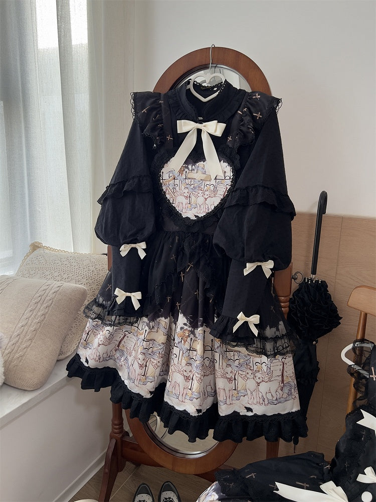 Sweet Print Ruffle White Sheep Angel Lolita with Black Skirt Hem