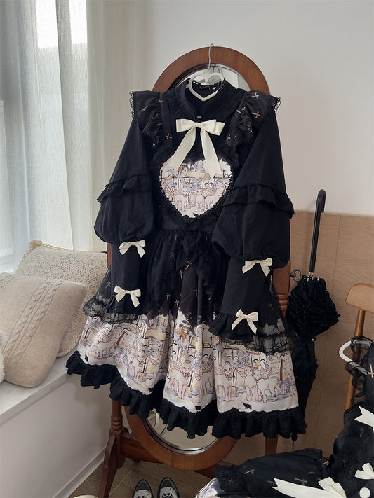 Sweet Print Ruffle White Sheep Angel Lolita with Black Skirt Hem