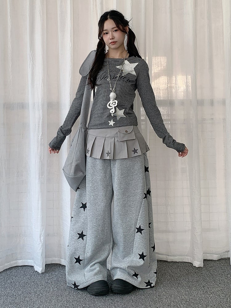 Print Star with Grey Pants Wide-leg