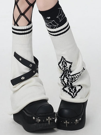 Warmers - Cross Black/Black Knitted Straps Pink/White Leg Design Asymmetrical Crisscross Y2K Pattern