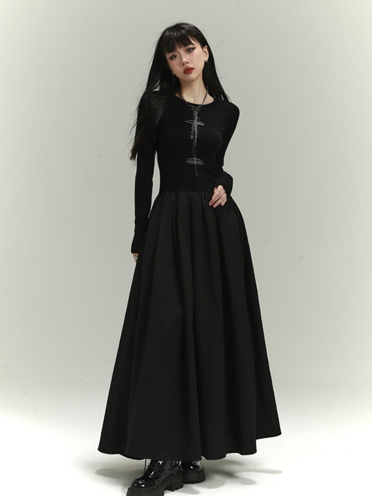 Gothic Black Backless/Covered-Back Round Neck Slim-fitting Dress