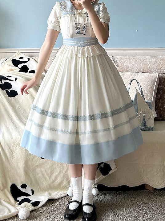Lace Milk White Sailor Dress Puff Sleeves and Trim Collar Lolita with Light Blue
