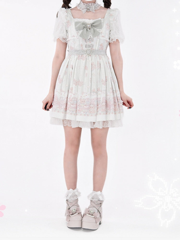 Ryousangata Style Green Bear Print Square Neck Short-Sleeve Dress with Lace and Bow Details - Shi Zhai Xin