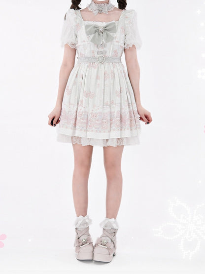 Ryousangata Style Green Bear Print Square Neck Short-Sleeve Dress with Lace and Bow Details - Shi Zhai Xin