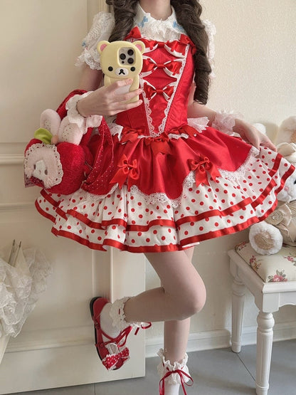 Lolita Fluffy Basque Dress Sweet Bow White Polka-dot with Pattern and Waist Red Accents