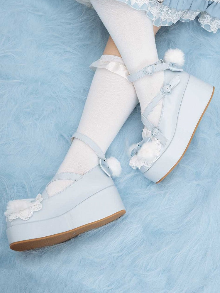 Blue Design at Decorated Top Bow Pompon Plush With Ear Crisscross Platforms Bunny