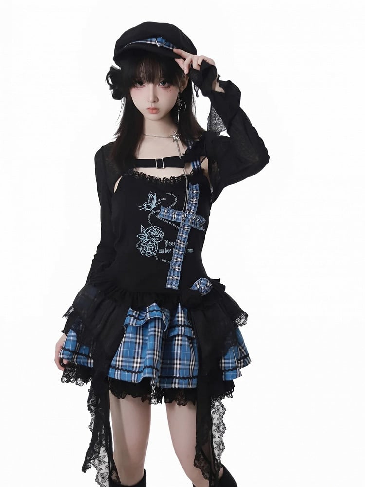 Print Design Butterfly Handkerchief Hem Idol Blue Plaid Criss-cross Halter Top Black and Rose