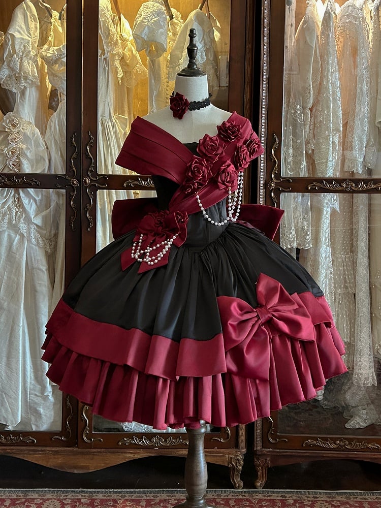 Red Black Off-Shoulder Boned Lolita Gown - Treasure Box Factory