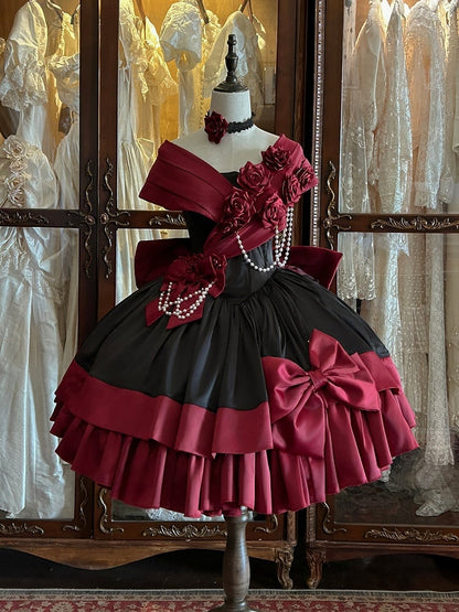Red Black Off-Shoulder Boned Lolita Gown - Treasure Box Factory