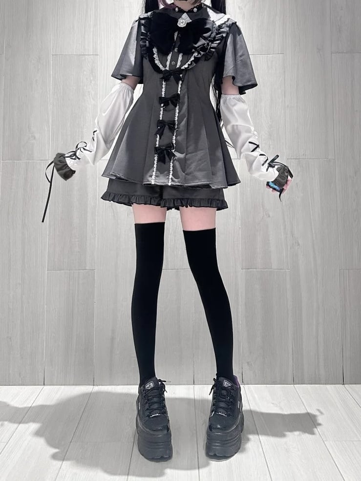 Detachable Dress + Sleeves Gray Tie Set Short-Sleeve Shorts Kei Matching Dark Jirai Full Bow