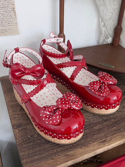 Lolita Leather Red Polka-dot PU Wedge Pattern Mary Janes Polished - Sweet