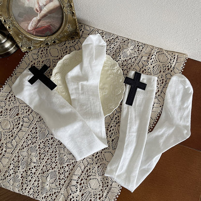 Knee Cross White Black Stockingswith Over Gothic Decoration