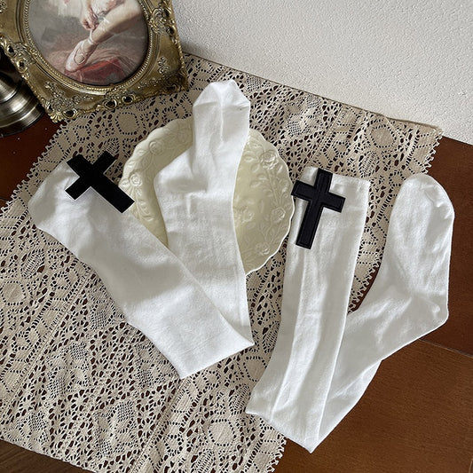 Knee Cross White Black Stockingswith Over Gothic Decoration