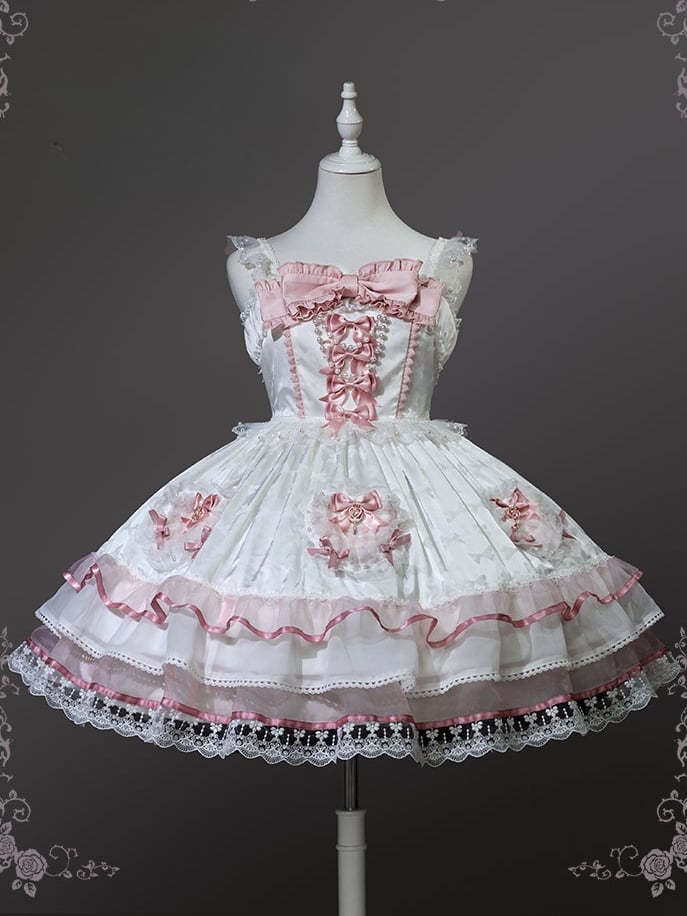 White and Pink Bowknot Details Tiered Skirt Sweet Lolita Dress Jumper Skirt