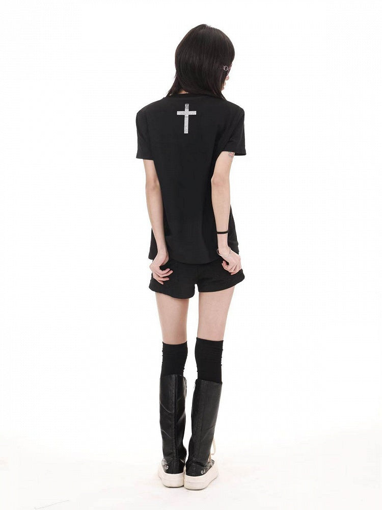 Genderless Punk Black Tee with Girl Rhinestone Print - DETW OnLine