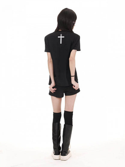 Genderless Punk Black Tee with Girl Rhinestone Print - DETW OnLine