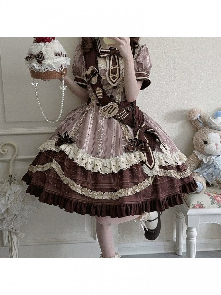 Chocolate Short Sleeve Lolita OP Dress with Lace - Lineall Cat