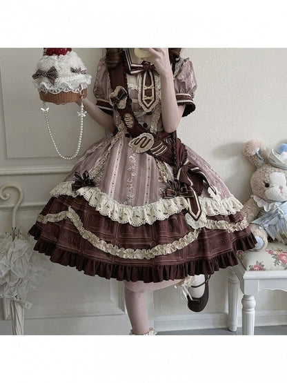 Chocolate Short Sleeve Lolita OP Dress with Lace - Lineall Cat