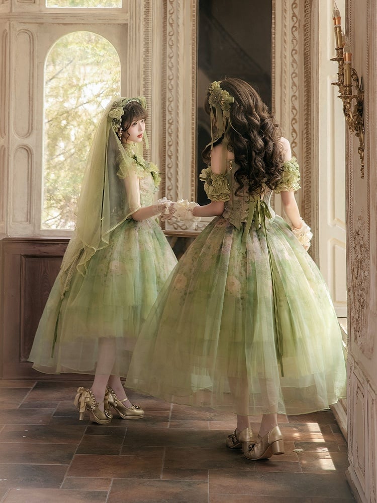 Green Oil Painting Lolita Layered Tulle Skirt - Nine Odes