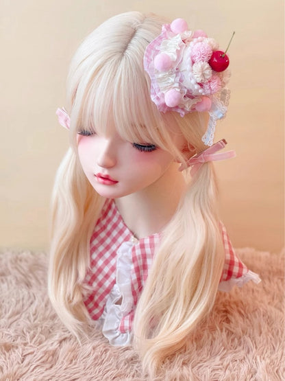 Pompoms Sweet Lolita Hat Cake Cherry Pink White with Mini
