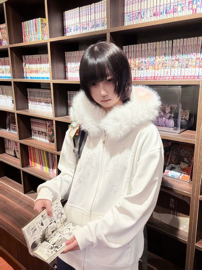 Zip Dolphin-Print White Landmine Hoodie Style Fur-Collar