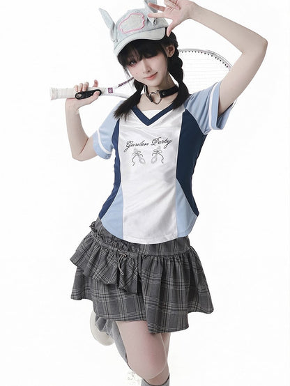 グレーのゴムウエストティアードチェックスカート