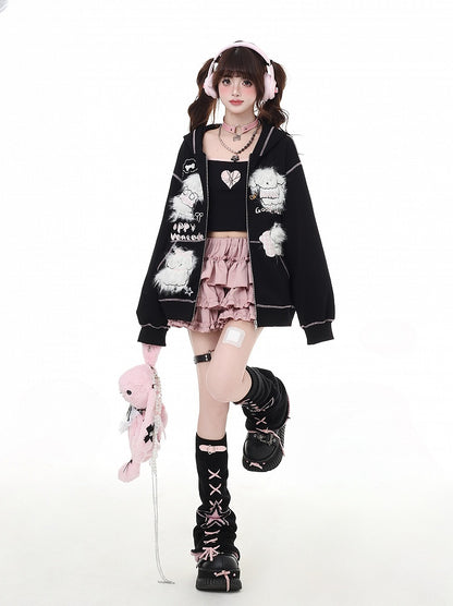 Puppy Embroidery Applique Black/Light Blue Plush Zip Closure Hoodie