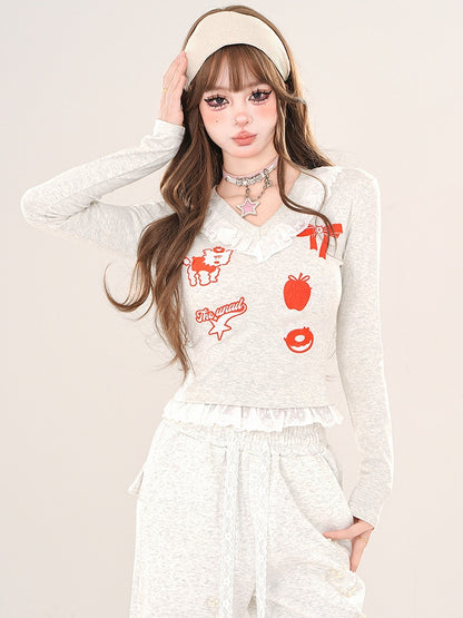 Schwarz/Graues Cartoon-Top mit V-Ausschnitt und Spitzenbesatz