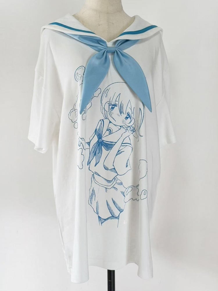 With Tenshi Bow Cartoon Tie T-shirt Collar Blue Sailor WhiteBlue Kaiwai Print
