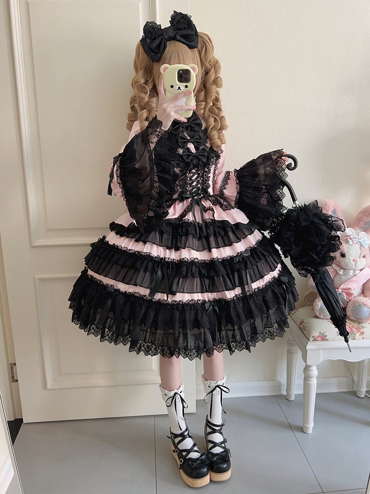 Bell Black Lolita and Long Sleeves Skirt Tiered Pink Ruffle Decorated Bows Dress