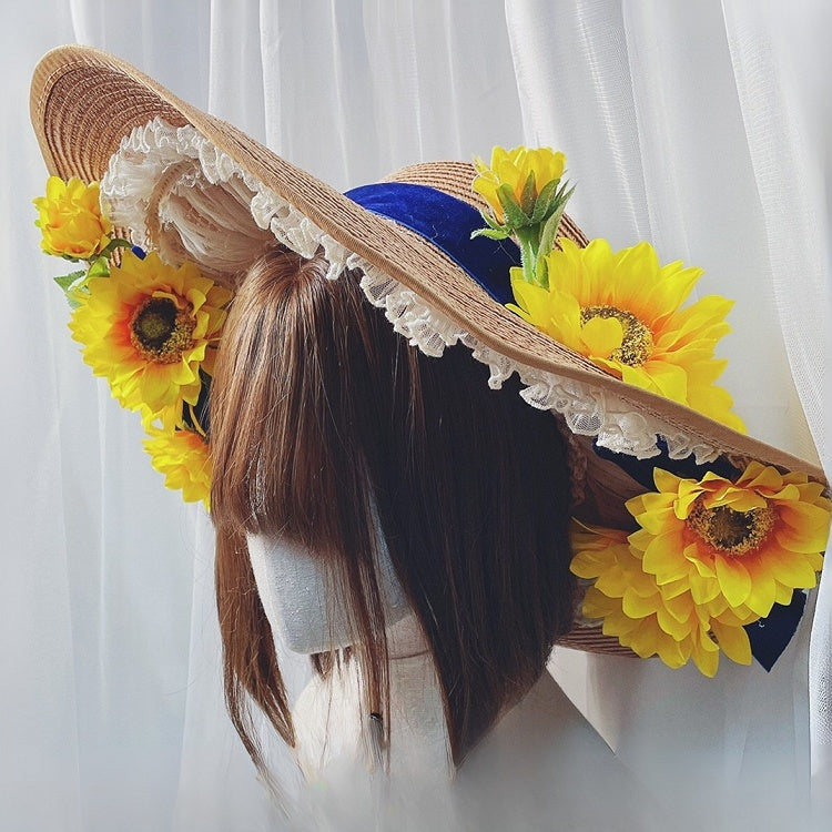 Straw Decorated BlueYellow Hat Sunflower