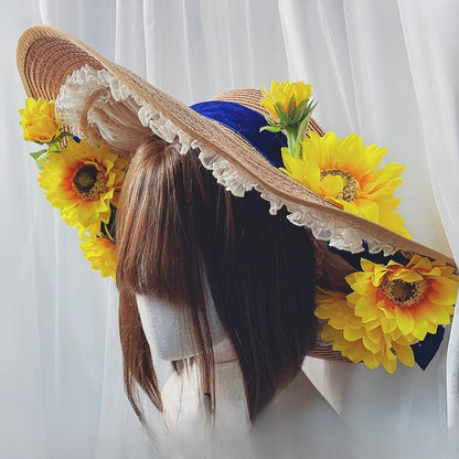 Straw Decorated BlueYellow Hat Sunflower