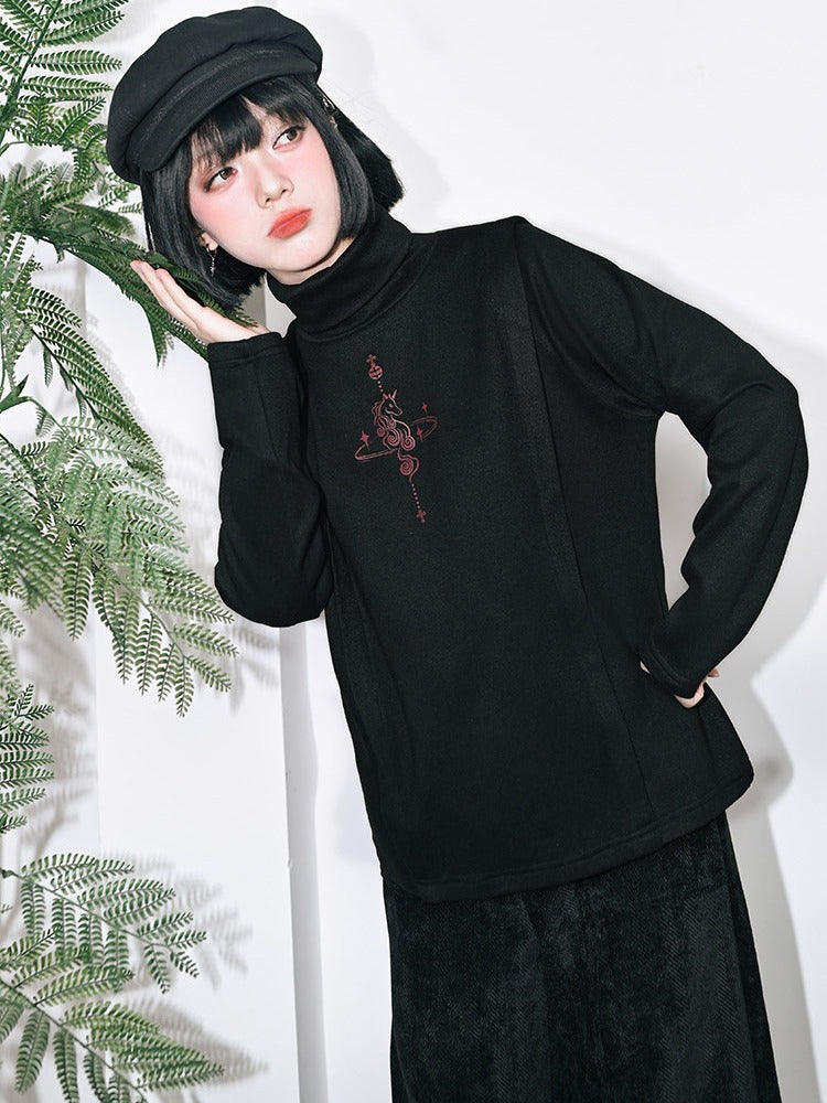 Unicorn Print Black Turtleneck Long Sleeve Top for Spring Autumn - Quirky Hut