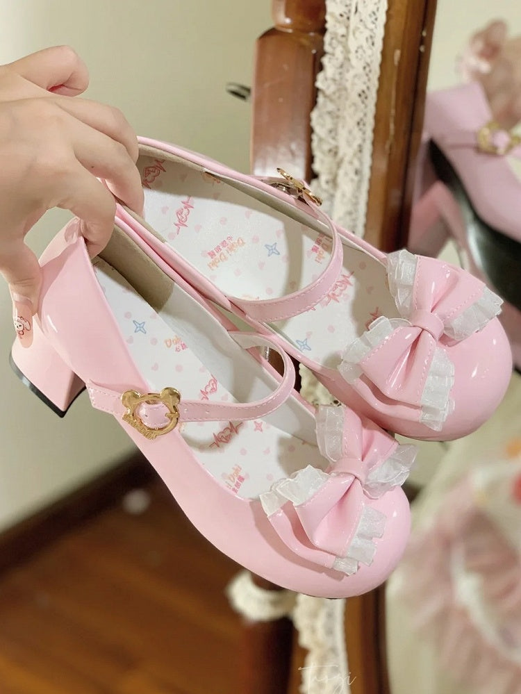 with Floral Round - Lolita Sweet Mid Heels Toe Pink Bow