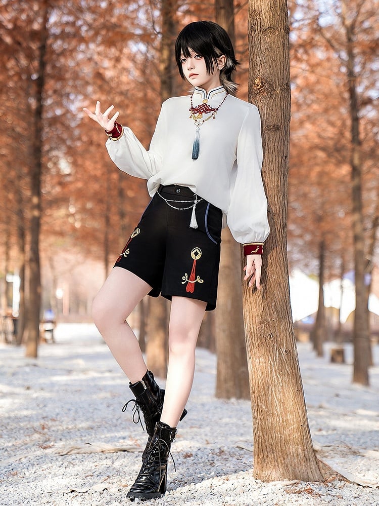 Ouji Fashion – Weißes Oberteil mit Stehkragen und chinesischen Knoten und langen Ärmeln