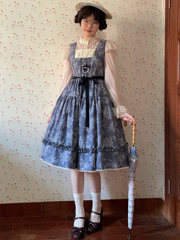 Gray & White Rosette Print Elegant Classic Lolita JSK Dress with Lace Trim