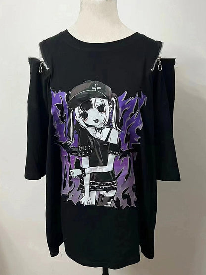 T-Shirt Kei Schwarzer Hals Runder Cartoon Mädchendruck Jirai