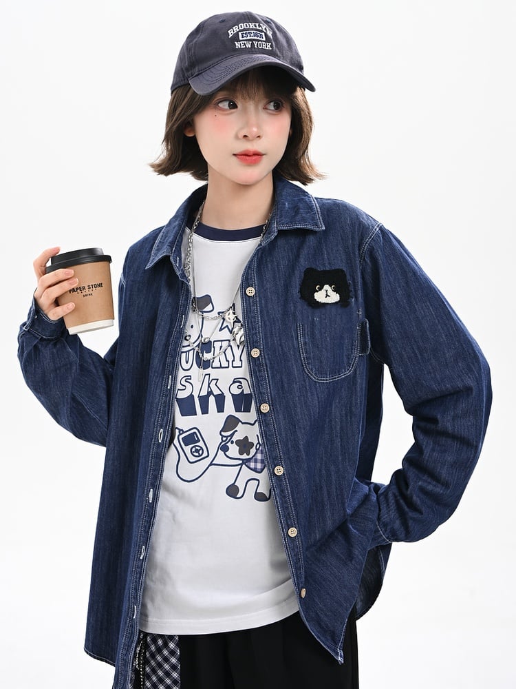 Kitty Dark Blue Faded Wash Denim Shirt Cute Embroidery