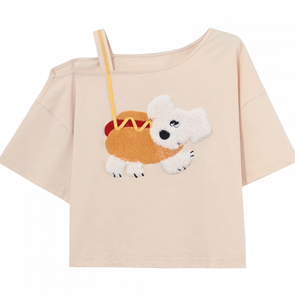 子犬のアップリケTシャツ 非対称ネックライン ホットドッグ アプリコットデザイン
