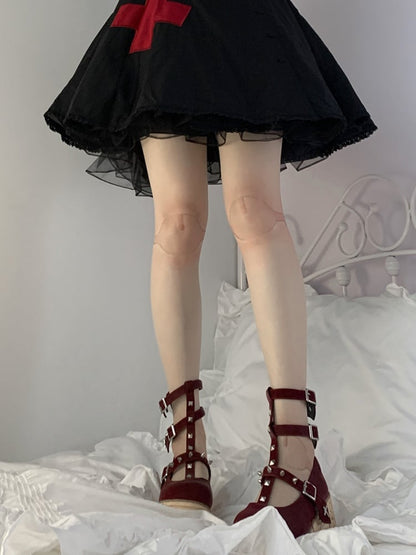 膝と足首の関節プリントヌードカラータイツ