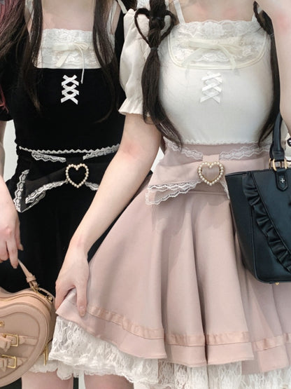 Back Jirai Kei Lace Trim Beaded Heart Decorated Big Bow Lace-up