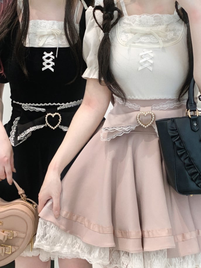 Jirai Kei Details Bowknot Trim Pink/White/Black Lace