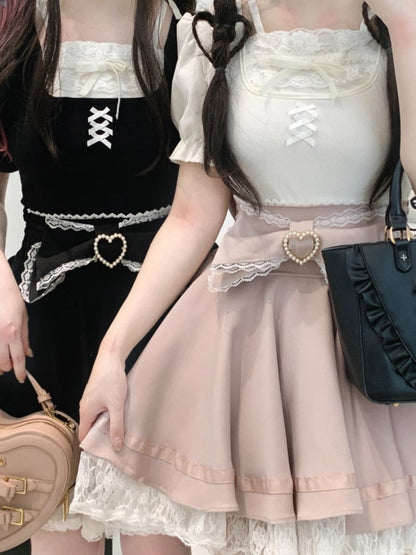 Puff Sleeves Blouse Details Pink/White/Black Lace Trim Jirai Kei Bowknot