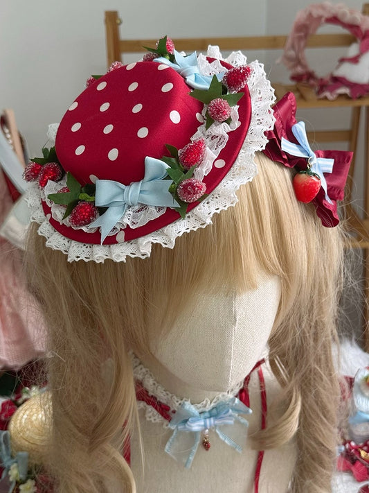 Hat Strawberry Lolita Polka-dot Sweet Mini Lace Bow Red