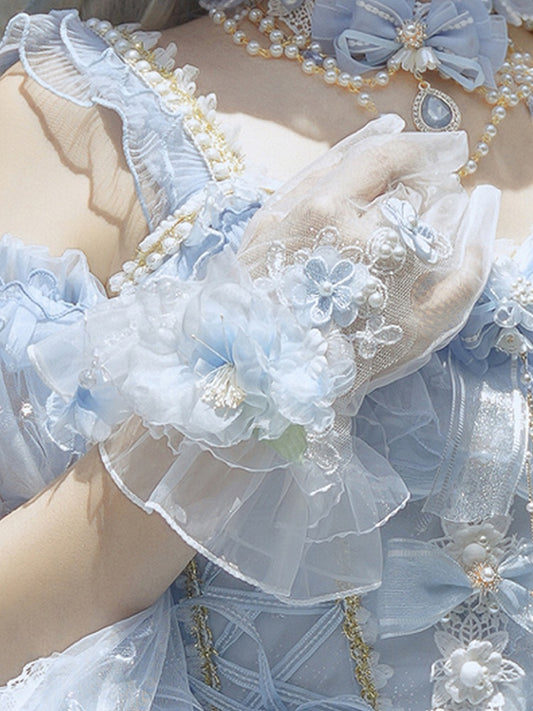 Beads Decorated Flowers Gloves Tulle and Blue