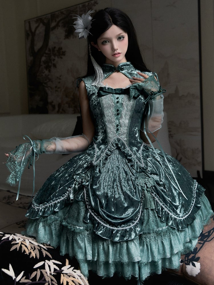 Green Cheongsam Collar Snake Bones Embroidery Velvet Sleeveless Top