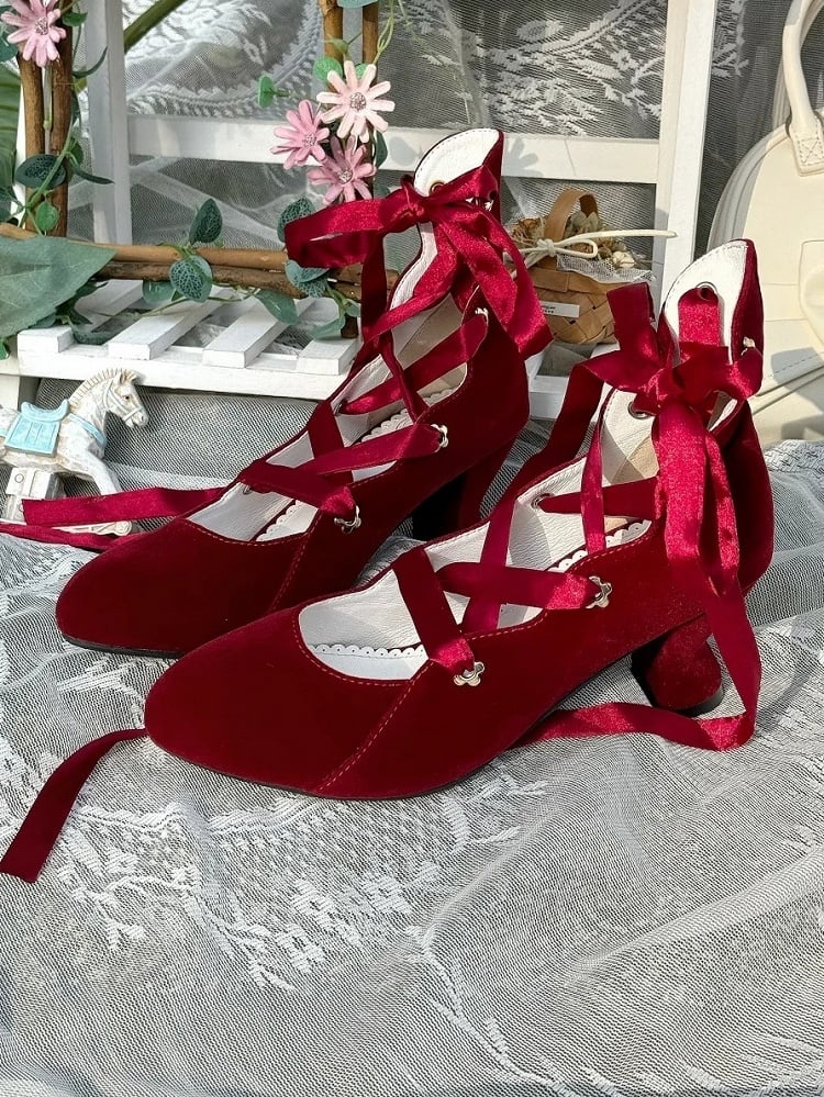 Design Shoes Red Lace-Up Wine Velvet in Toe Closure Pointed Classic Lolita