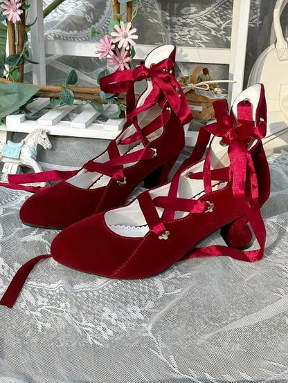 Design Shoes Red Lace-Up Wine Velvet in Toe Closure Pointed Classic Lolita