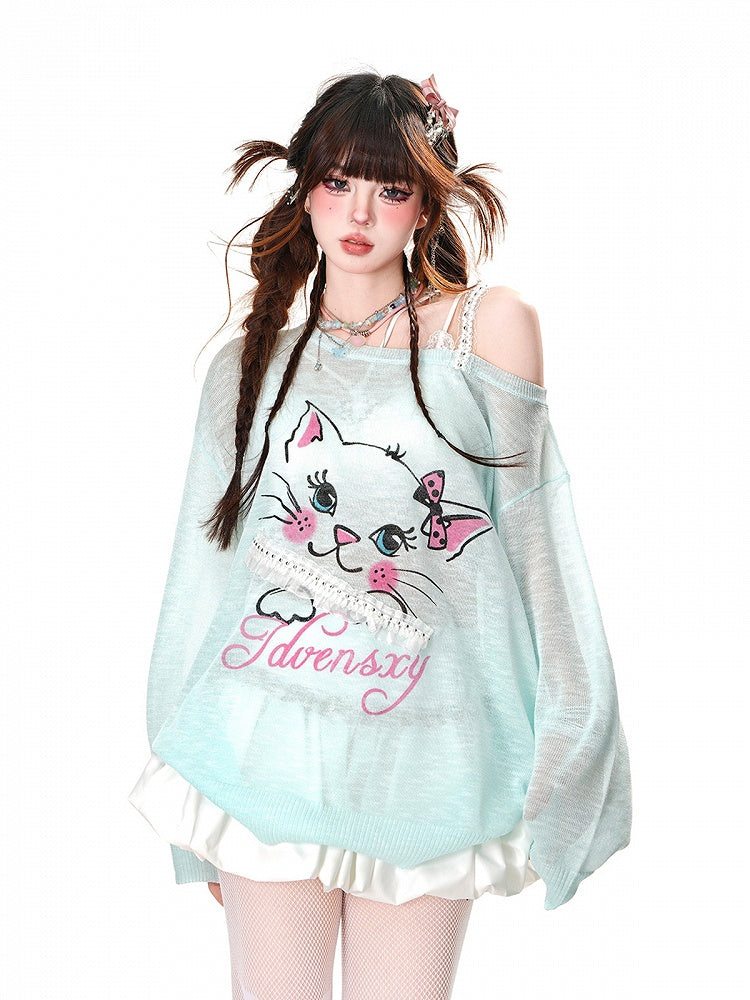 Sonnenschutz-Top mit asymmetrischem Ausschnitt und Kitty-Print, Weiß/Blau, halbtransparent